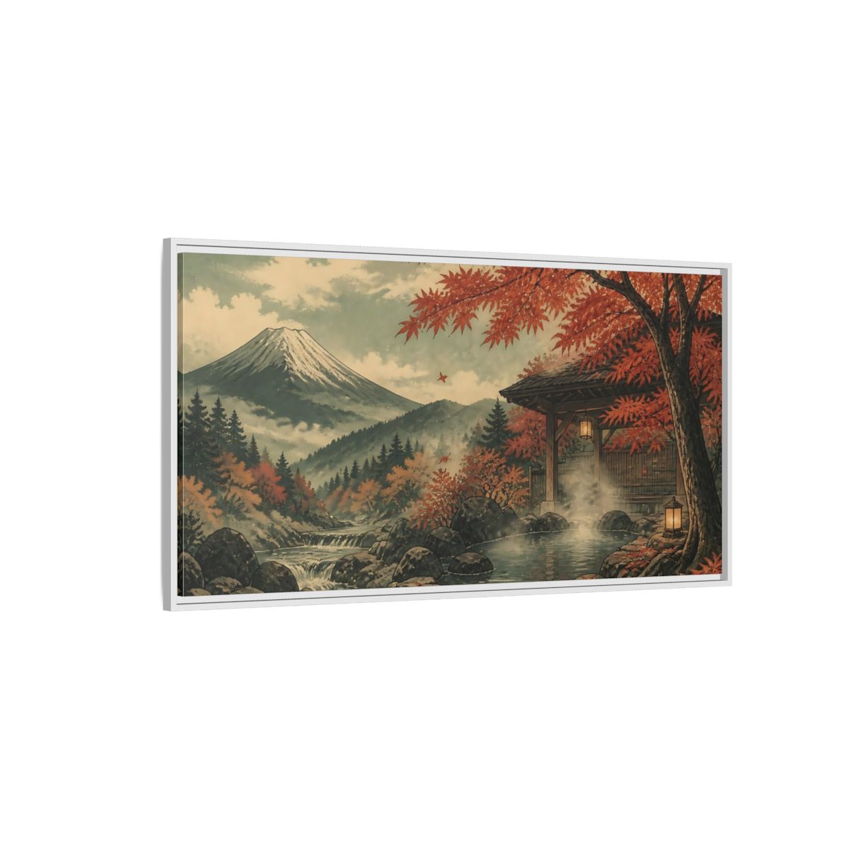 Side Mockup 3. Autumn Onsen Retreat shown as framed canvas print