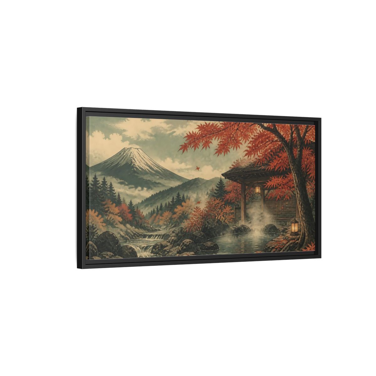 Side Mockup 2. Autumn Onsen Retreat shown as framed canvas print