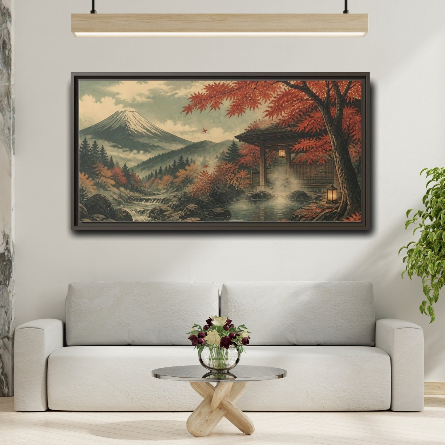 Mockup 2. Autumn Onsen Retreat shown as framed canvas print