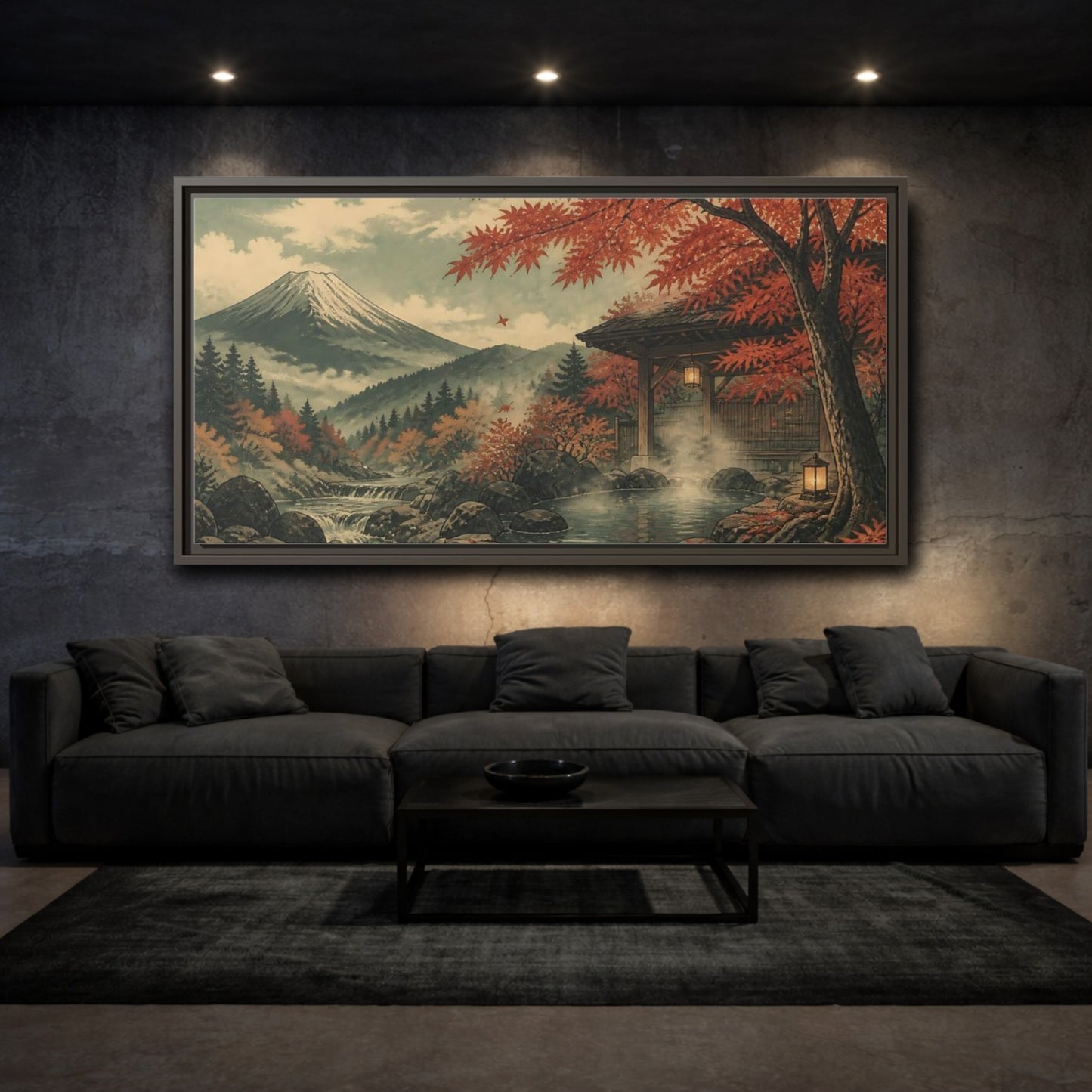 Mockup 3. Autumn Onsen Retreat shown as framed canvas print