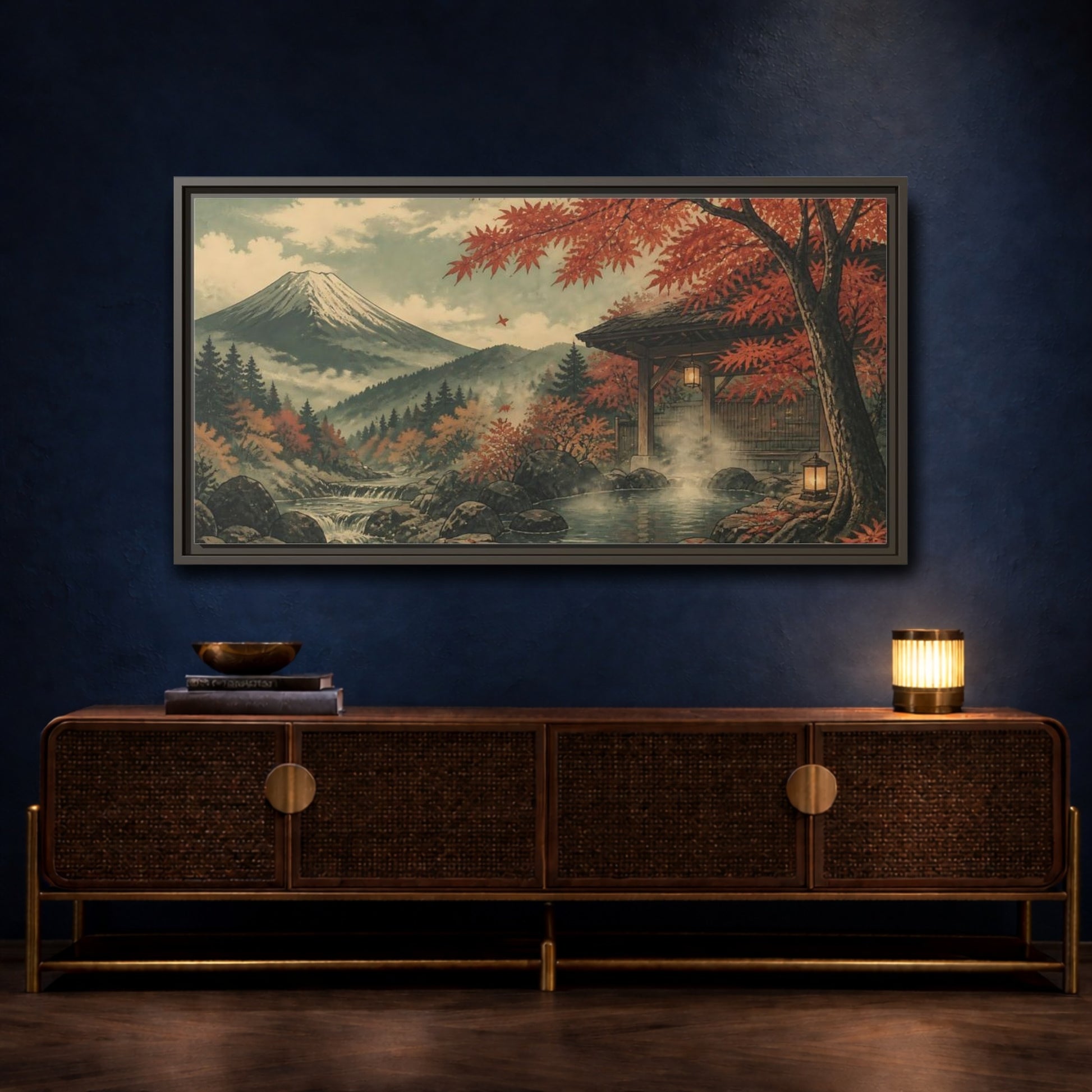 Mockup 4. Autumn Onsen Retreat shown as framed canvas print