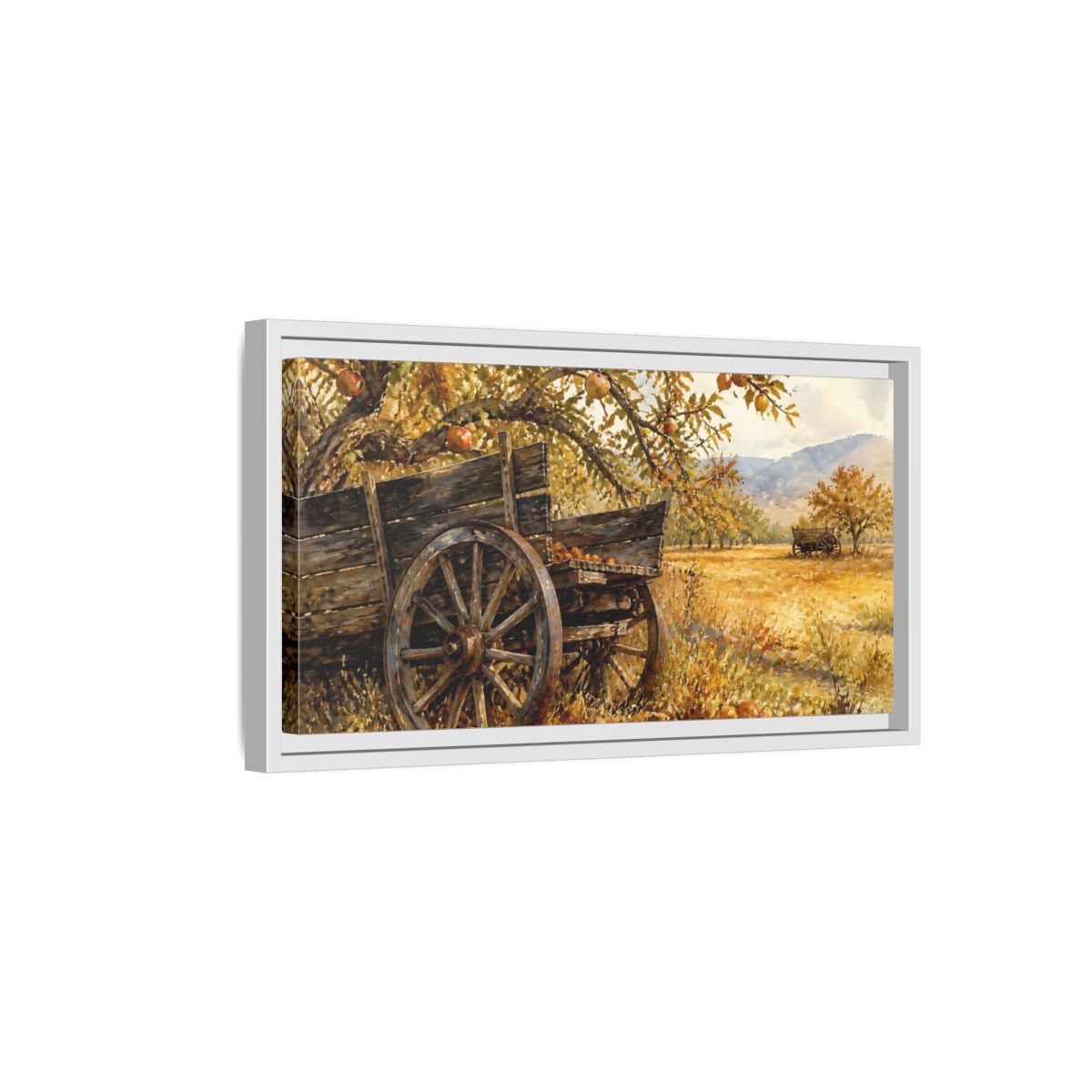 Side Mockup 6. Autumn Orchard Wagon shown as framed canvas print