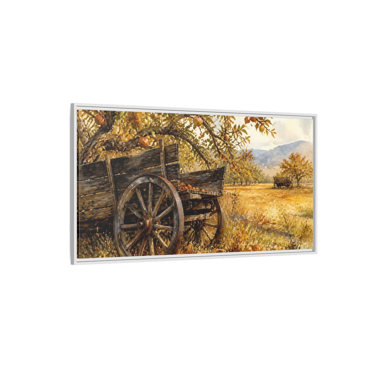 Side Mockup 3. Autumn Orchard Wagon shown as framed canvas print