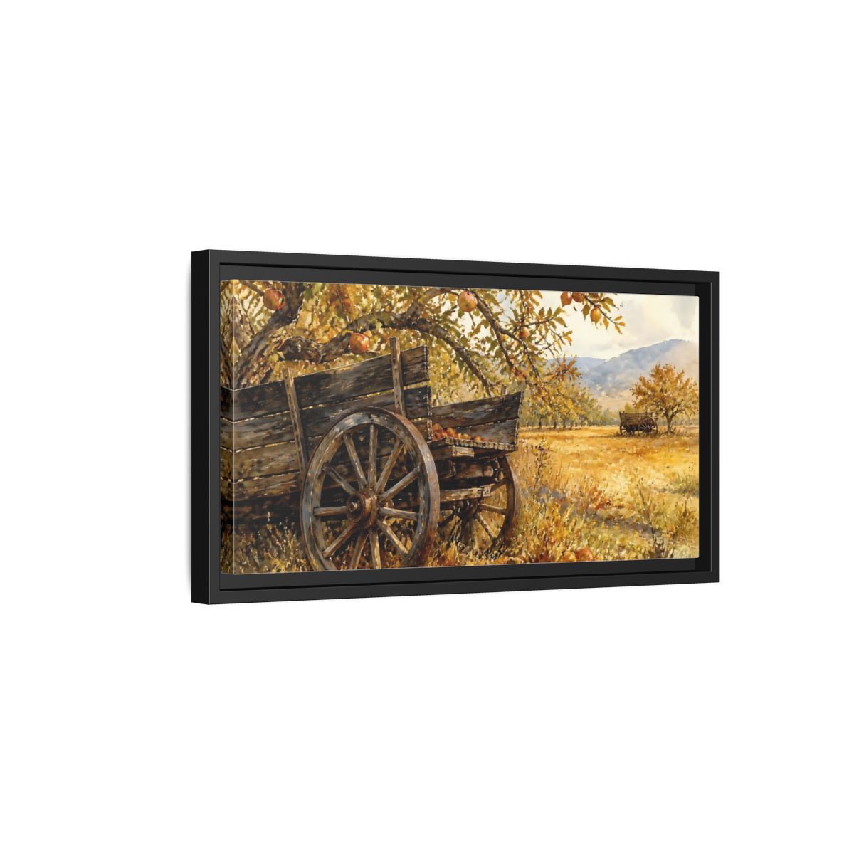 Side Mockup 8. Autumn Orchard Wagon shown as framed canvas print