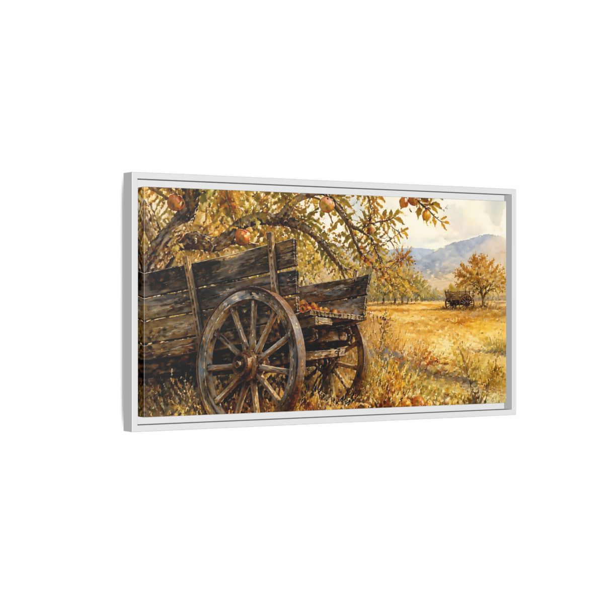 Side Mockup 1. Autumn Orchard Wagon shown as framed canvas print