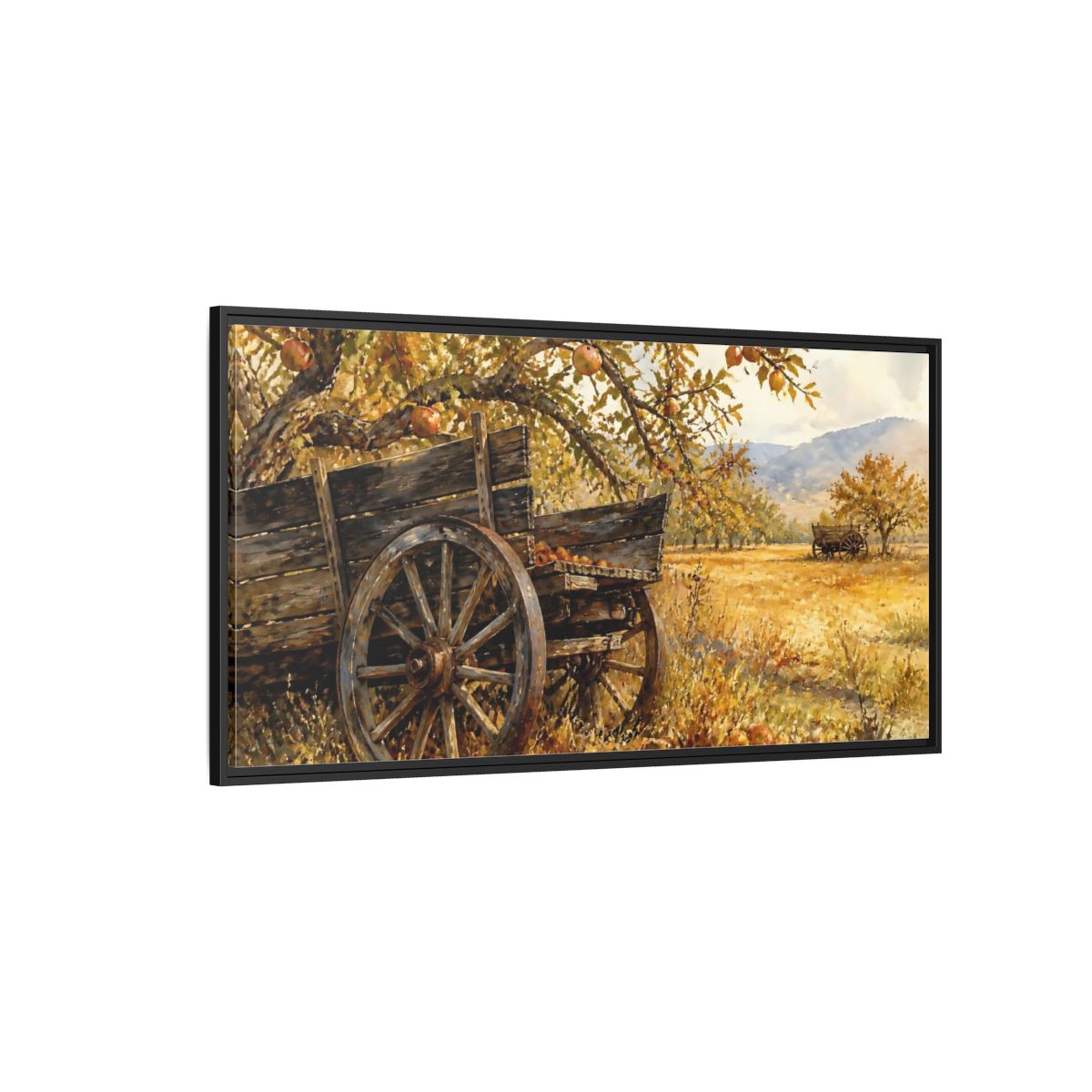 Side Mockup 5. Autumn Orchard Wagon shown as framed canvas print