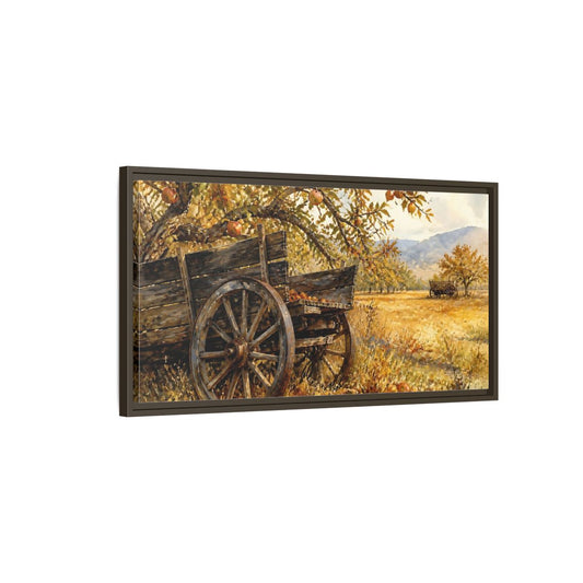 Main Mockup. Autumn Orchard Wagon shown as framed canvas print