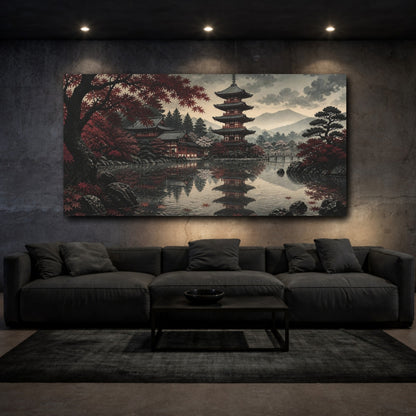 Mockup 3. Autumn Pagoda Reflection shown as canvas print