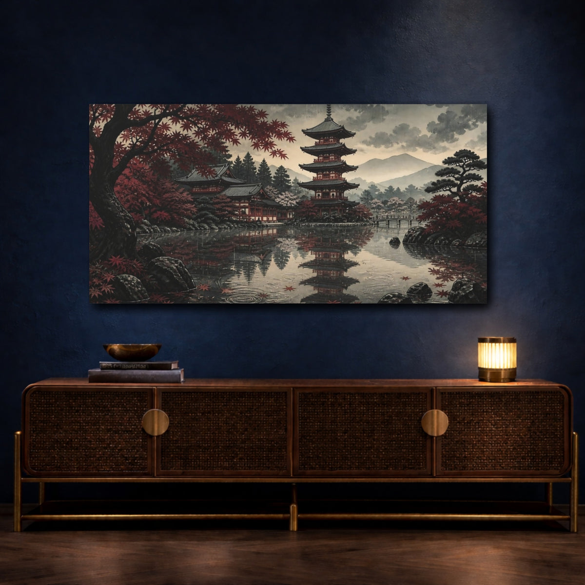 Mockup 4. Autumn Pagoda Reflection shown as canvas print