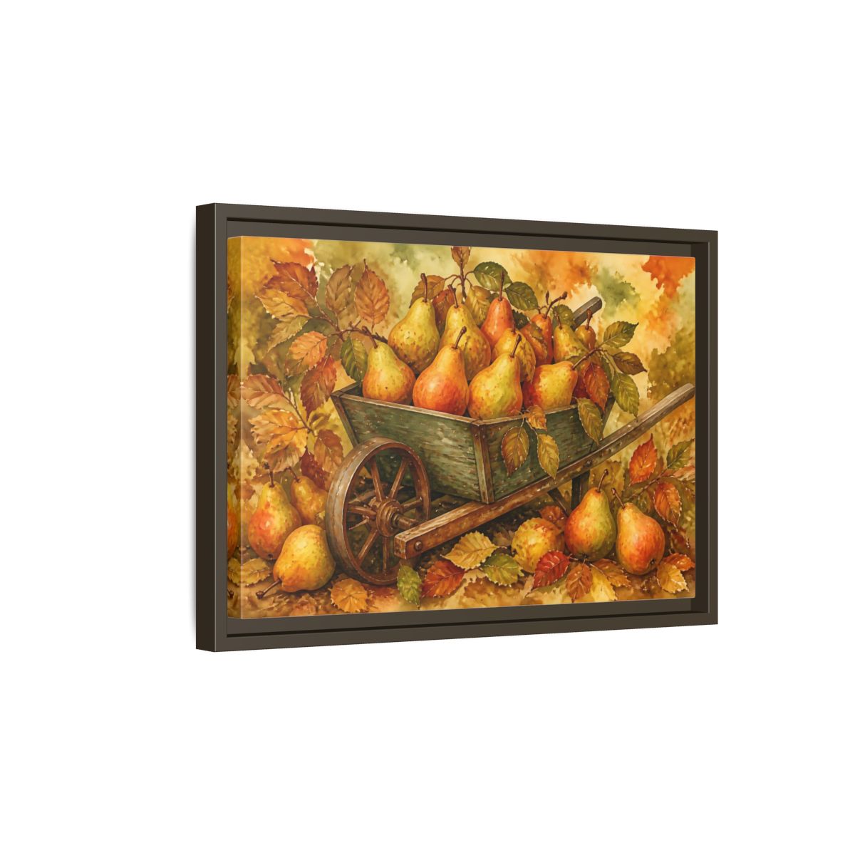 Side Mockup 5. Autumn Pears In Wheelbarrow shown as framed canvas print