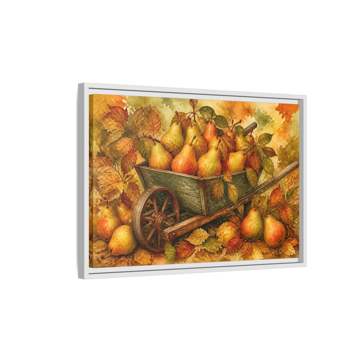 Side Mockup 1. Autumn Pears In Wheelbarrow shown as framed canvas print