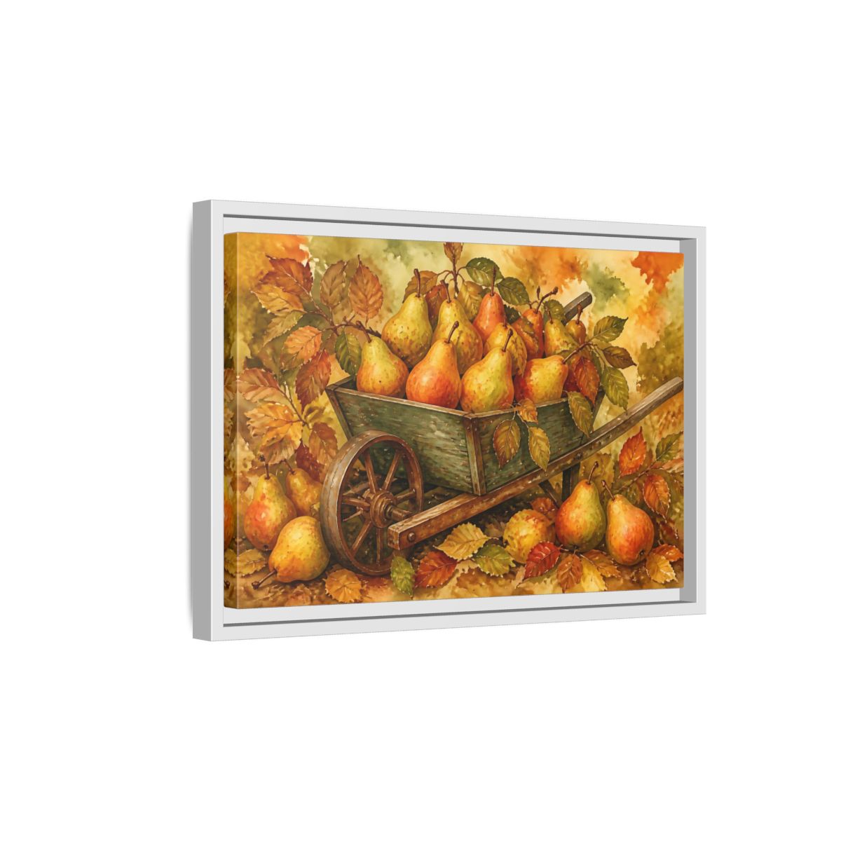 Side Mockup 4. Autumn Pears In Wheelbarrow shown as framed canvas print