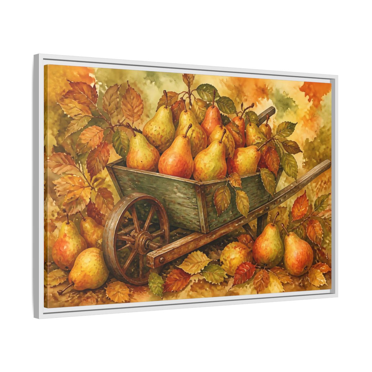 Side Mockup 9. Autumn Pears In Wheelbarrow shown as framed canvas print