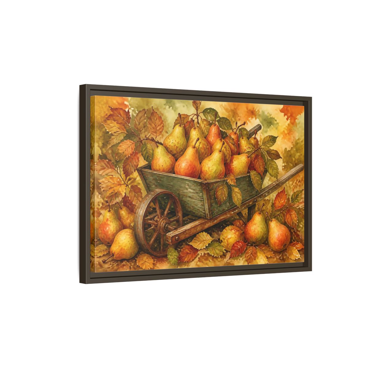Side Mockup 2. Autumn Pears In Wheelbarrow shown as framed canvas print