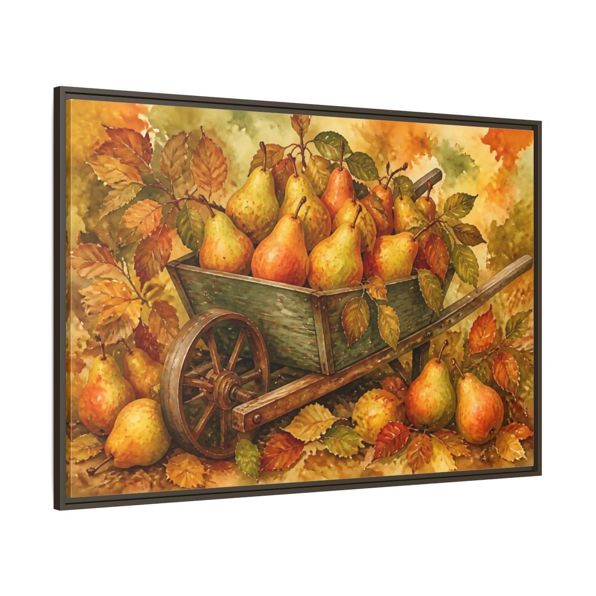 Side Mockup 8. Autumn Pears In Wheelbarrow shown as framed canvas print
