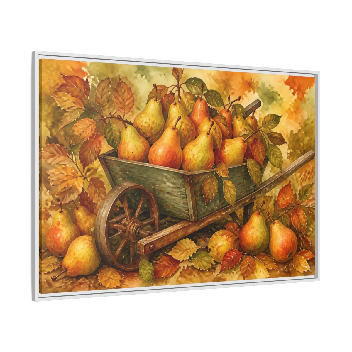 Side Mockup 7. Autumn Pears In Wheelbarrow shown as framed canvas print