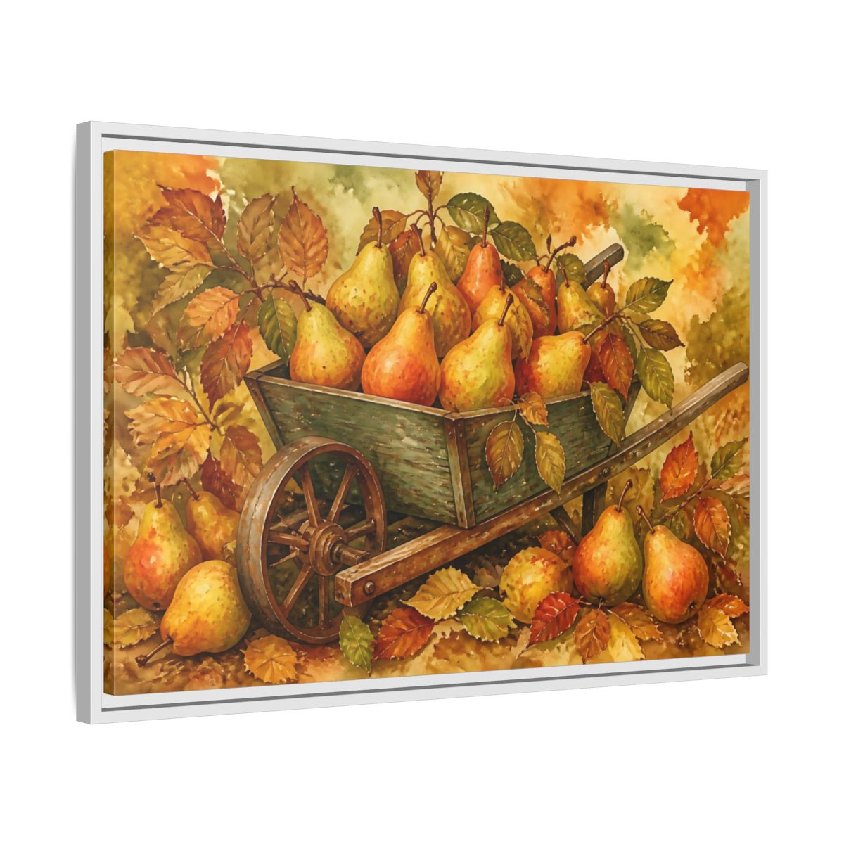 Side Mockup 10. Autumn Pears In Wheelbarrow shown as framed canvas print