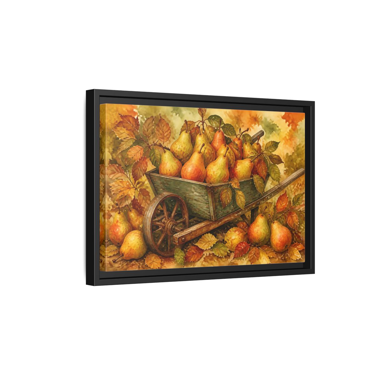 Side Mockup 6. Autumn Pears In Wheelbarrow shown as framed canvas print