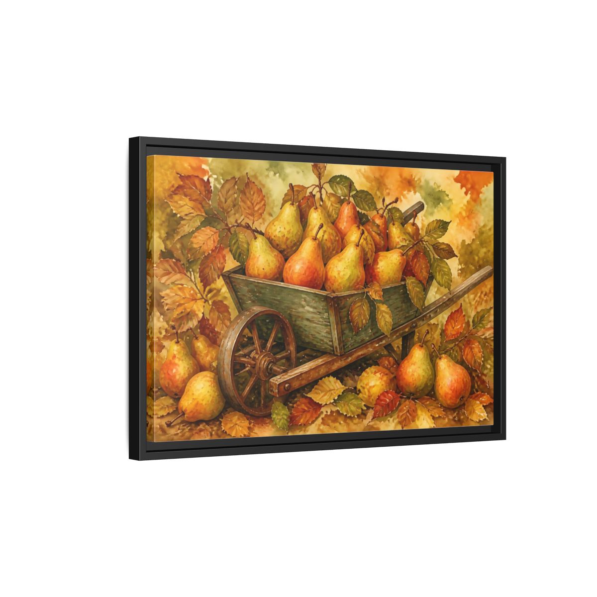Side Mockup 3. Autumn Pears In Wheelbarrow shown as framed canvas print