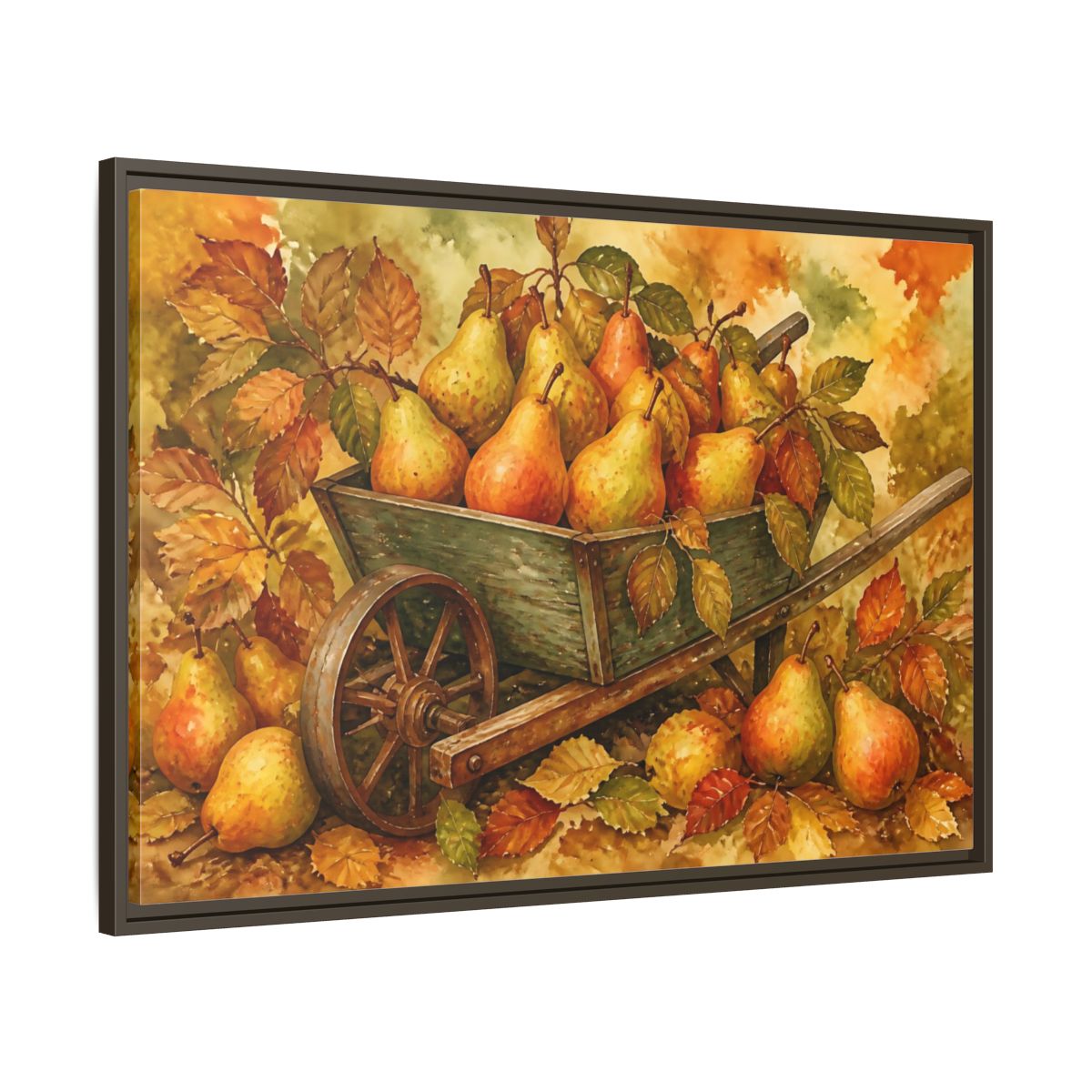 Main Mockup. Autumn Pears In Wheelbarrow shown as framed canvas print