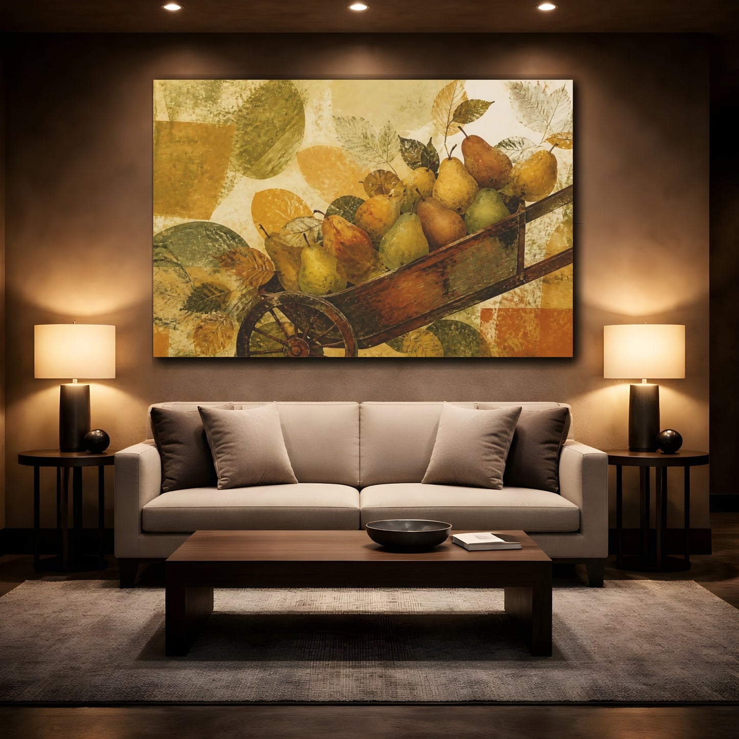 Mockup 2. Autumn Pears In Wheelbarrow shown as canvas print