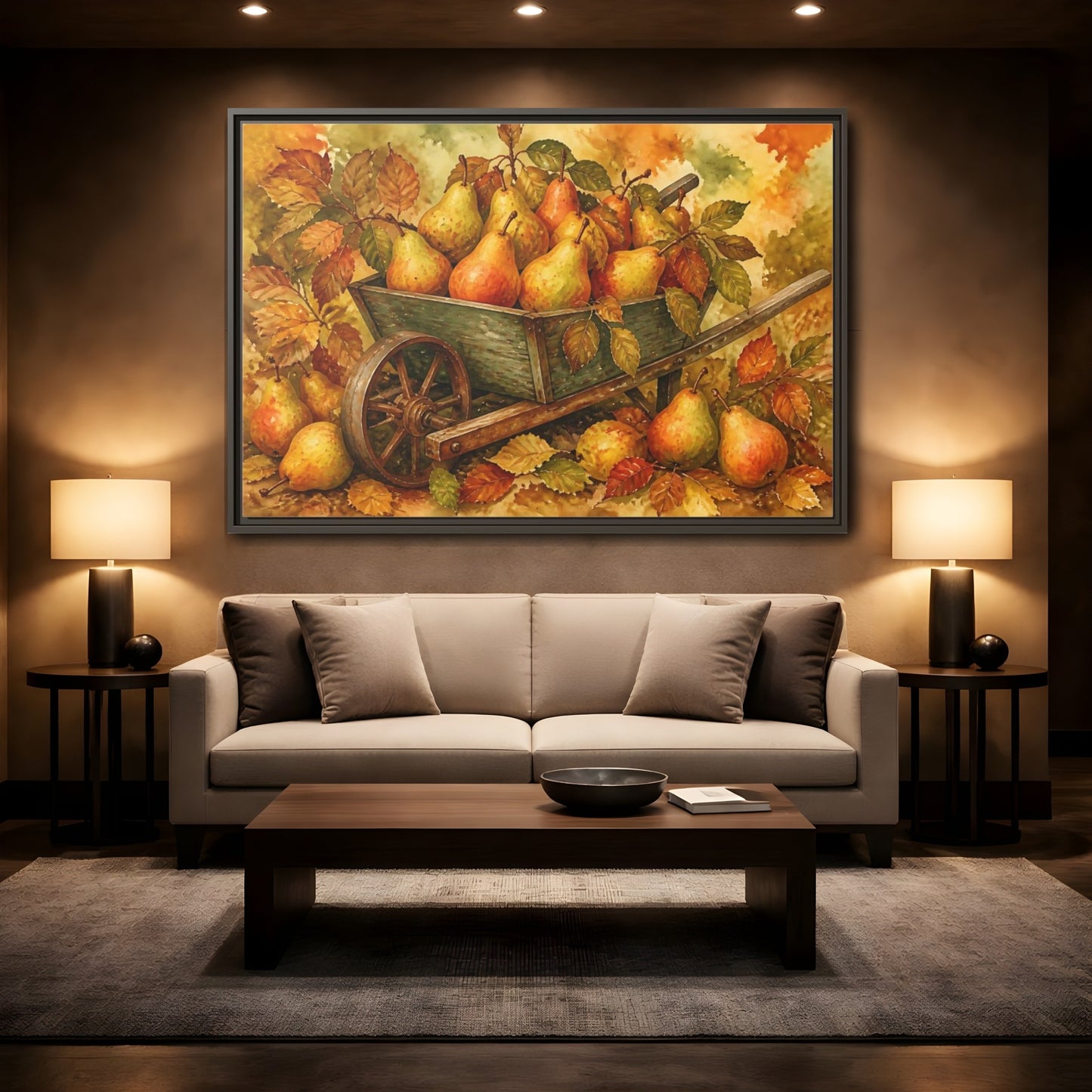 Mockup 2. Autumn Pears In Wheelbarrow shown as framed canvas print