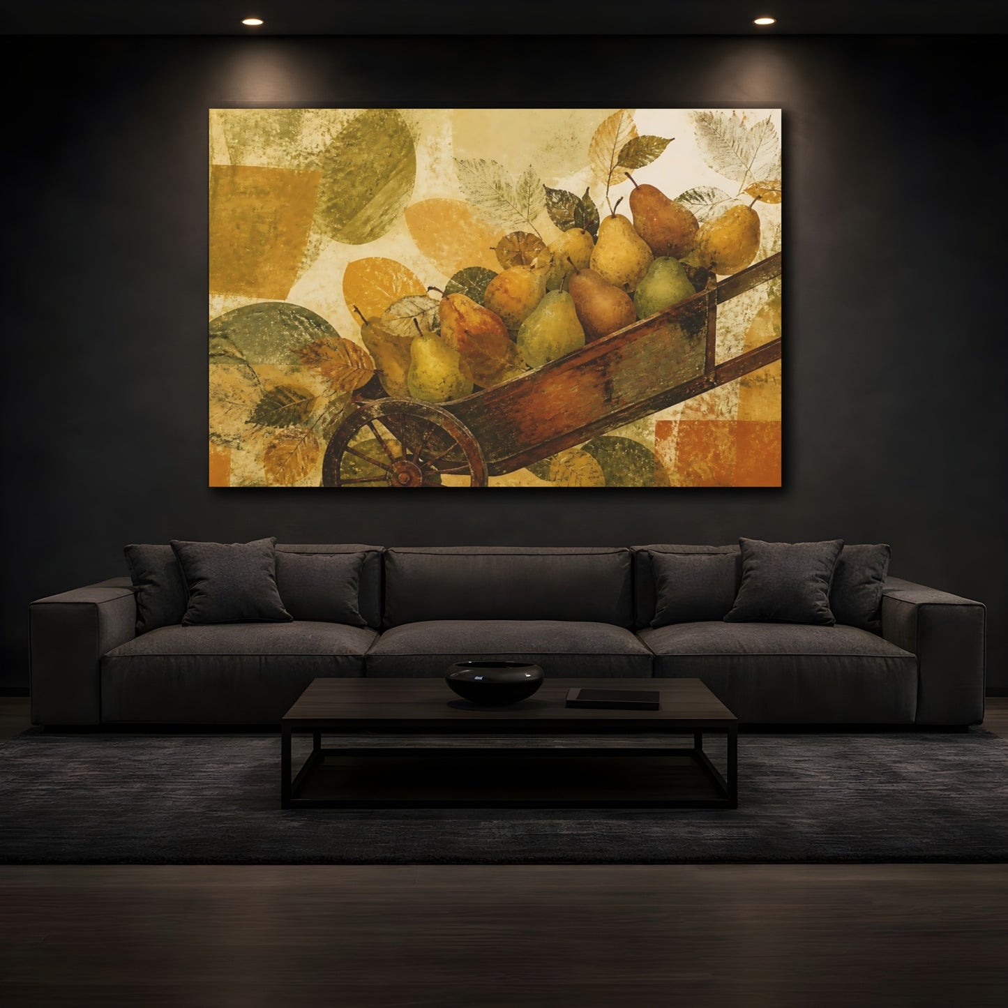 Mockup 3. Autumn Pears In Wheelbarrow shown as canvas print