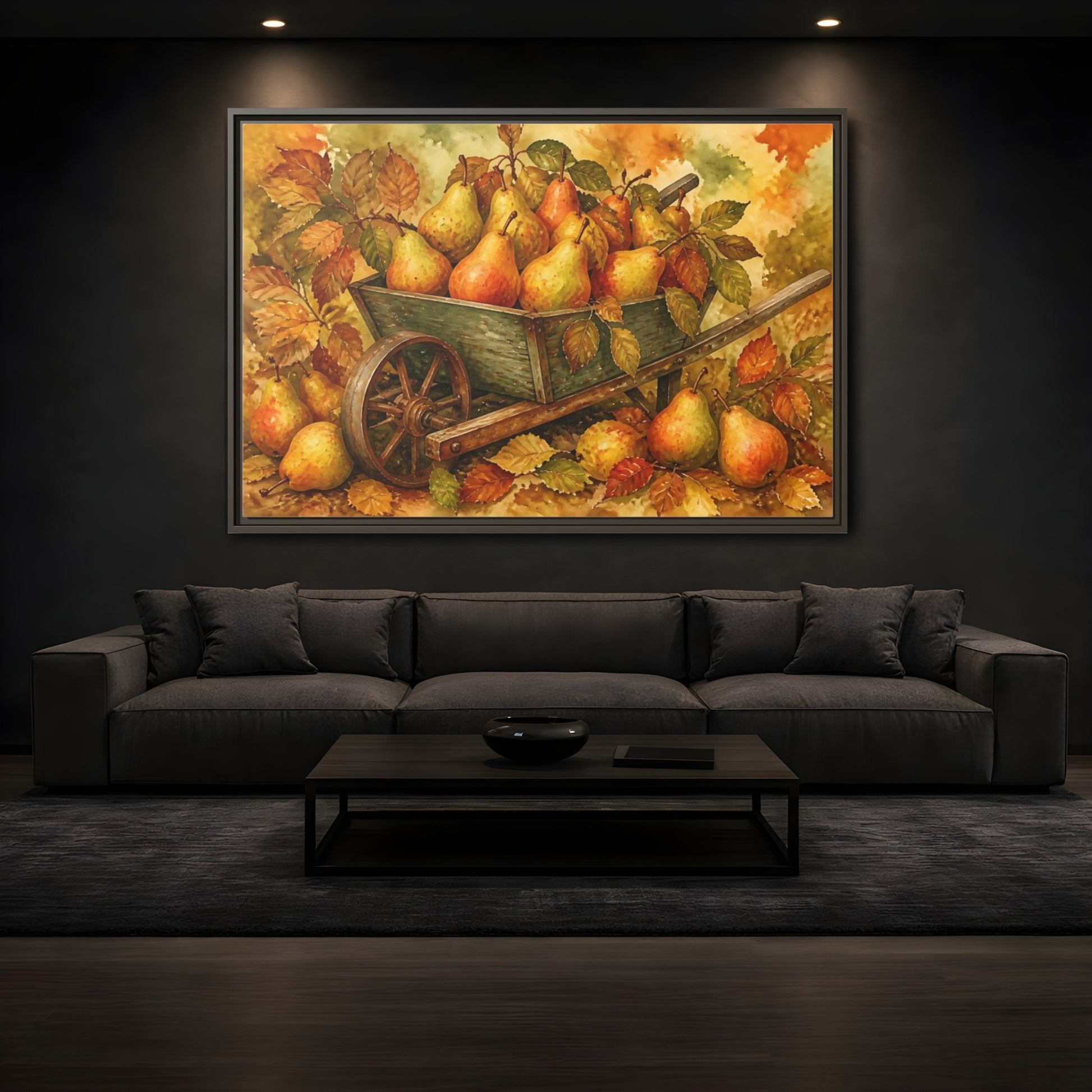 Mockup 3. Autumn Pears In Wheelbarrow shown as framed canvas print