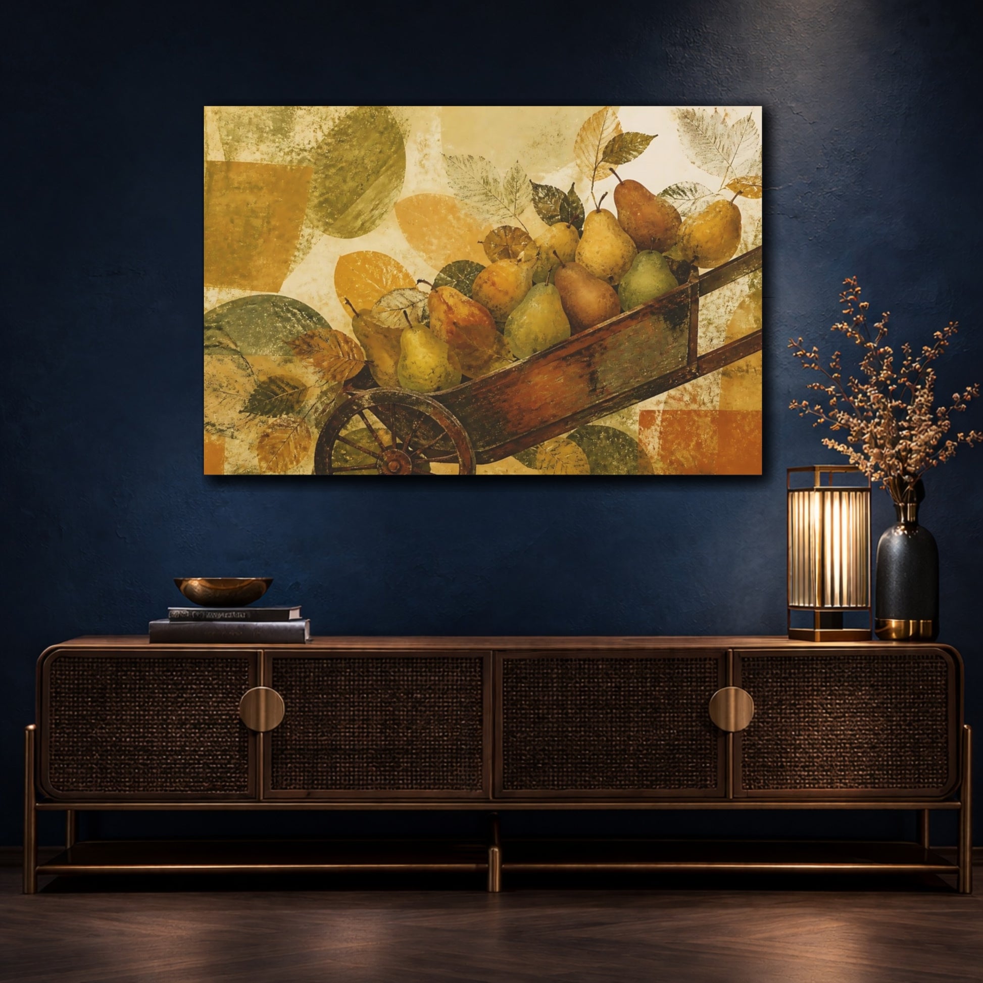 Mockup 4. Autumn Pears In Wheelbarrow shown as canvas print