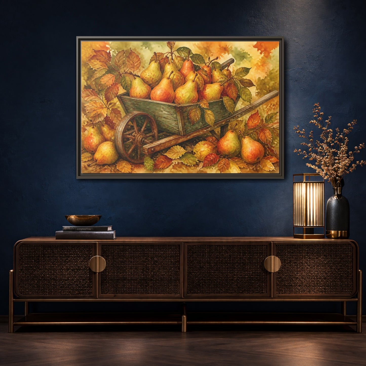 Mockup 4. Autumn Pears In Wheelbarrow shown as framed canvas print