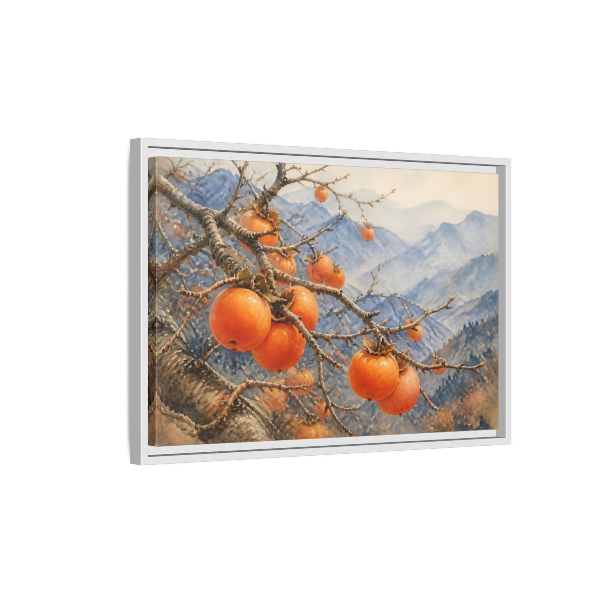 Side Mockup 1. Autumn Persimmon Branch shown as framed canvas print