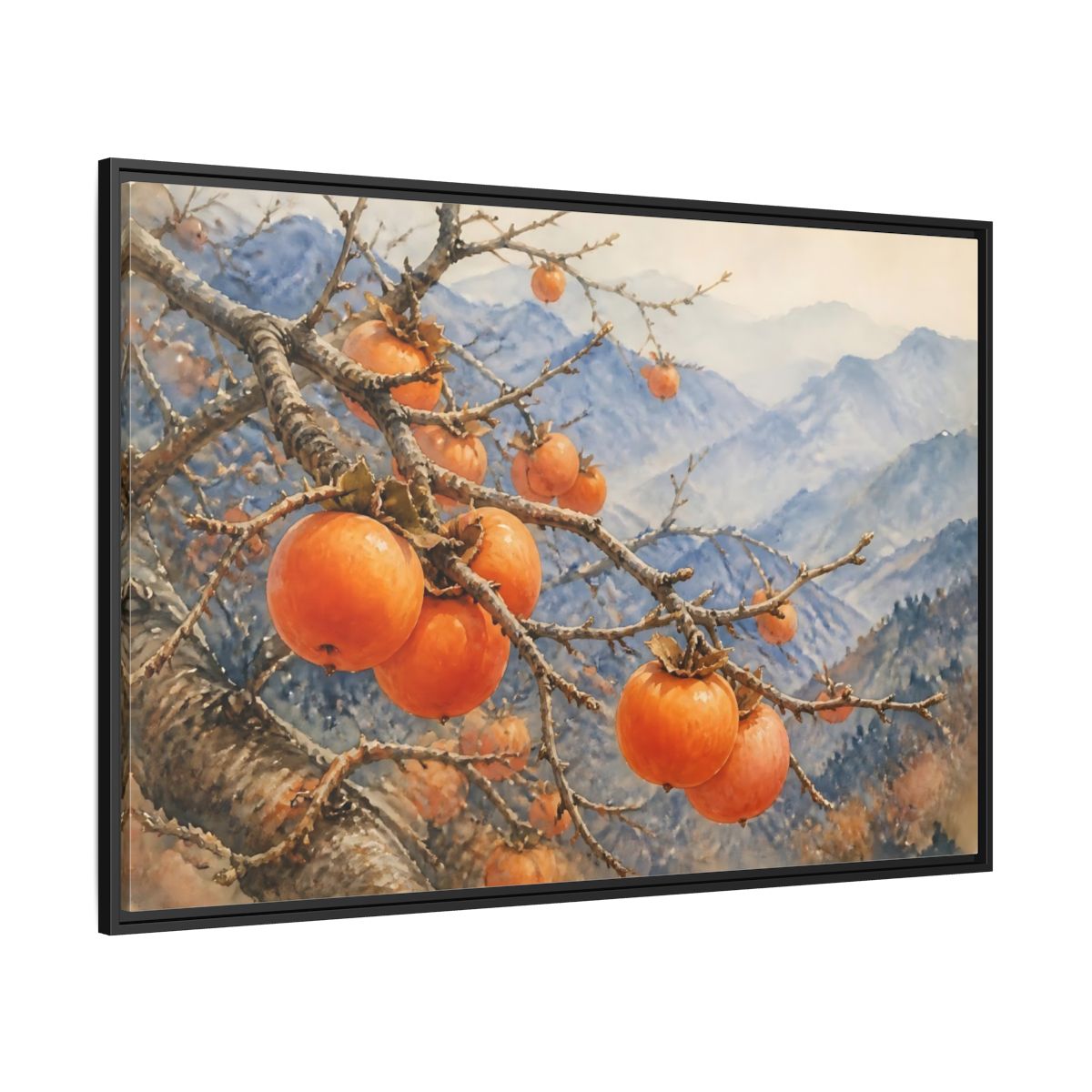 Side Mockup 12. Autumn Persimmon Branch shown as framed canvas print