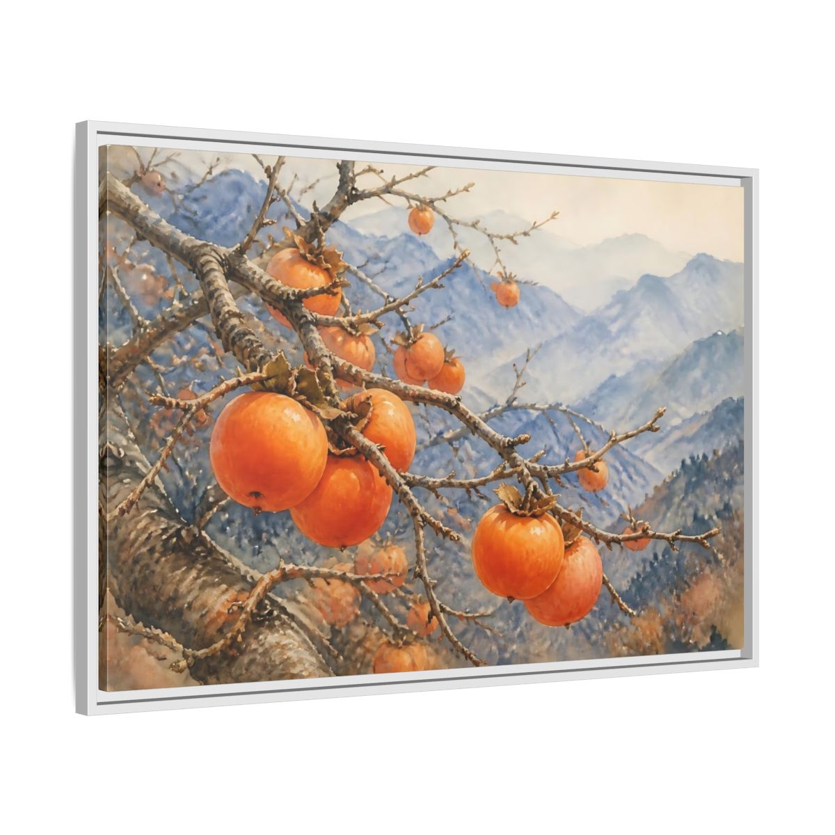 Side Mockup 9. Autumn Persimmon Branch shown as framed canvas print