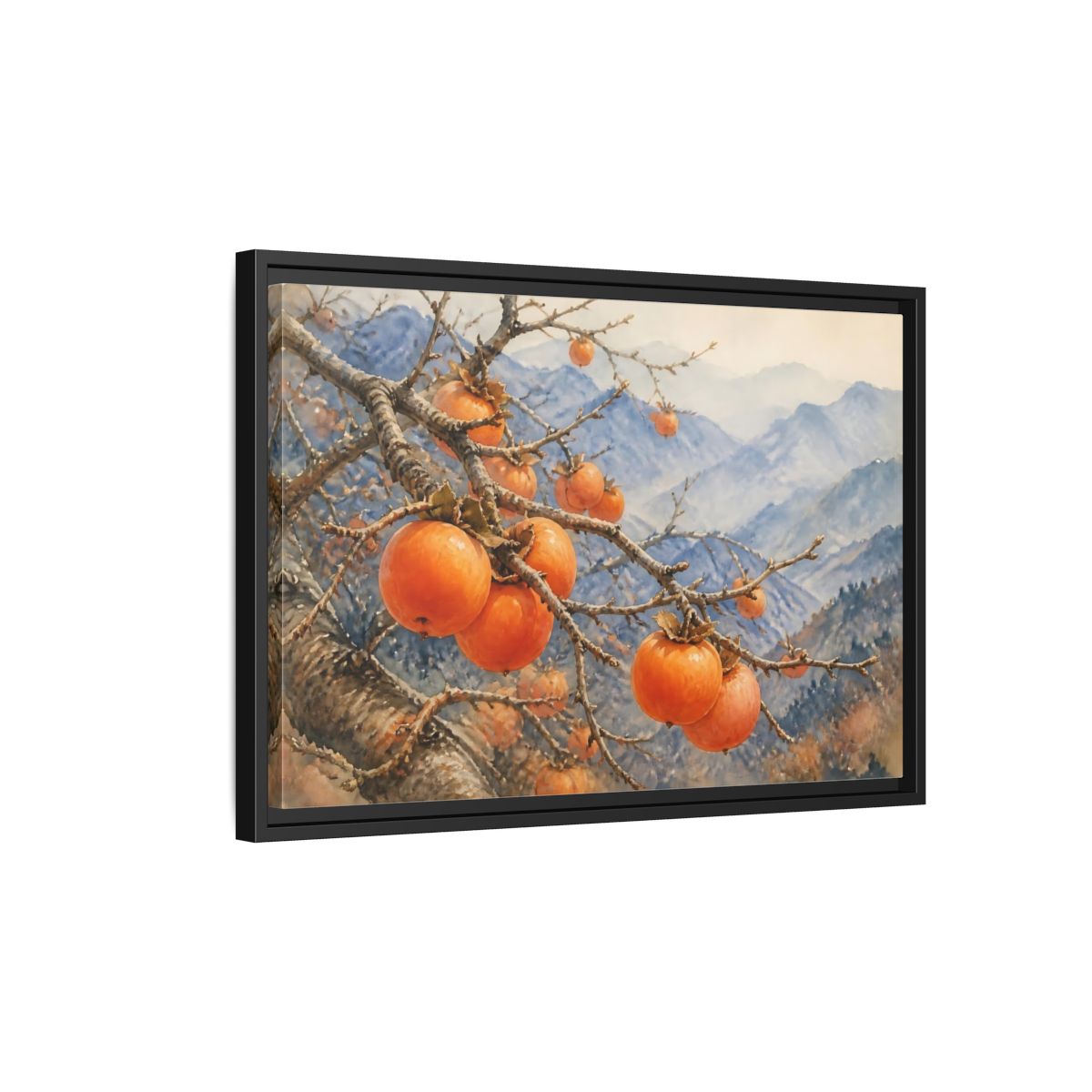 Side Mockup 3. Autumn Persimmon Branch shown as framed canvas print