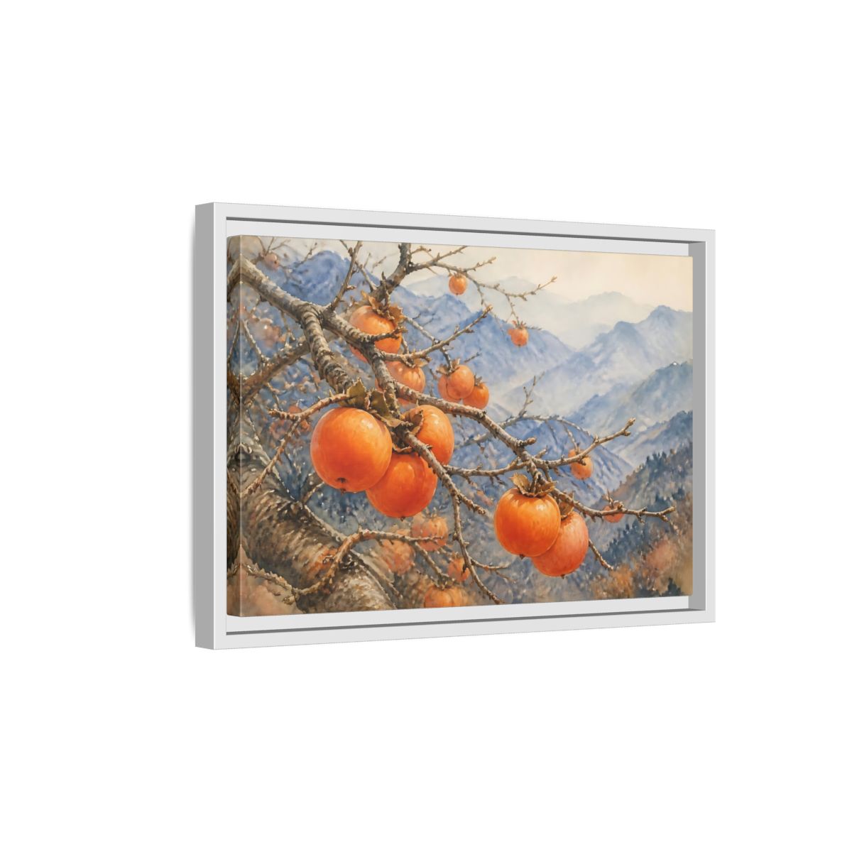Side Mockup 4. Autumn Persimmon Branch shown as framed canvas print