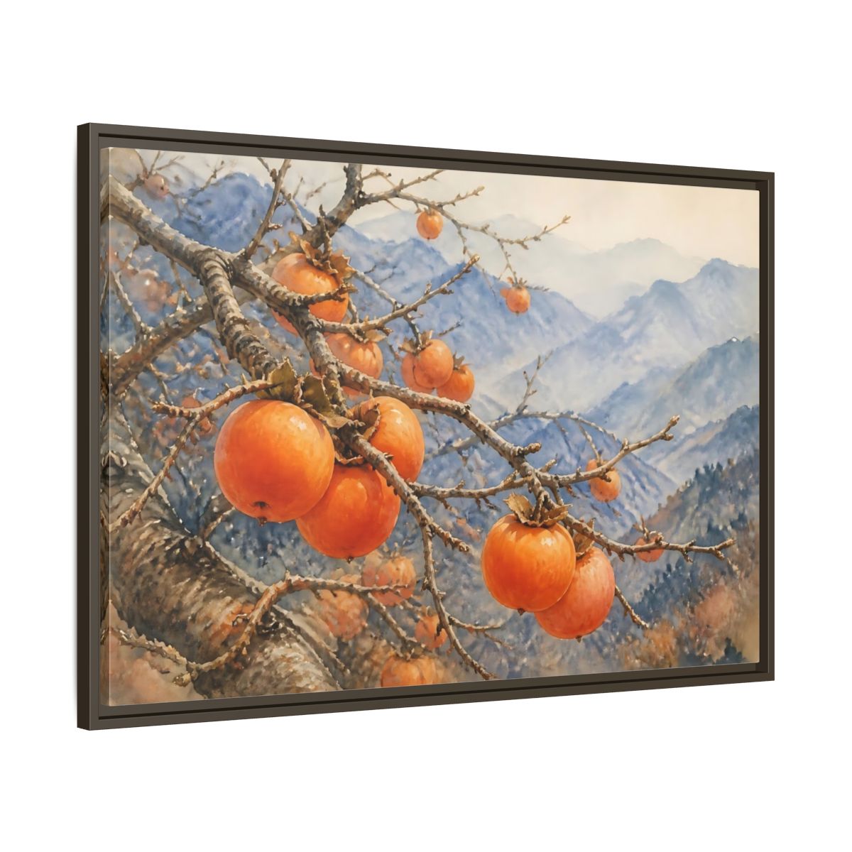 Main Mockup. Autumn Persimmon Branch shown as framed canvas print