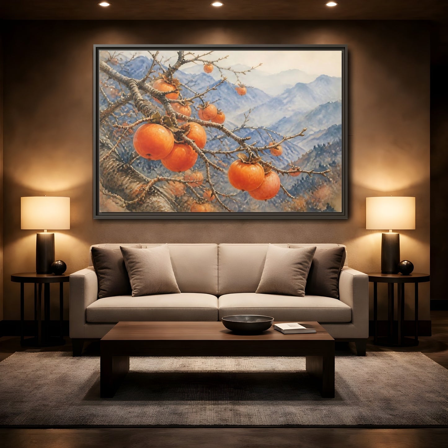Mockup 2. Autumn Persimmon Branch shown as framed canvas print