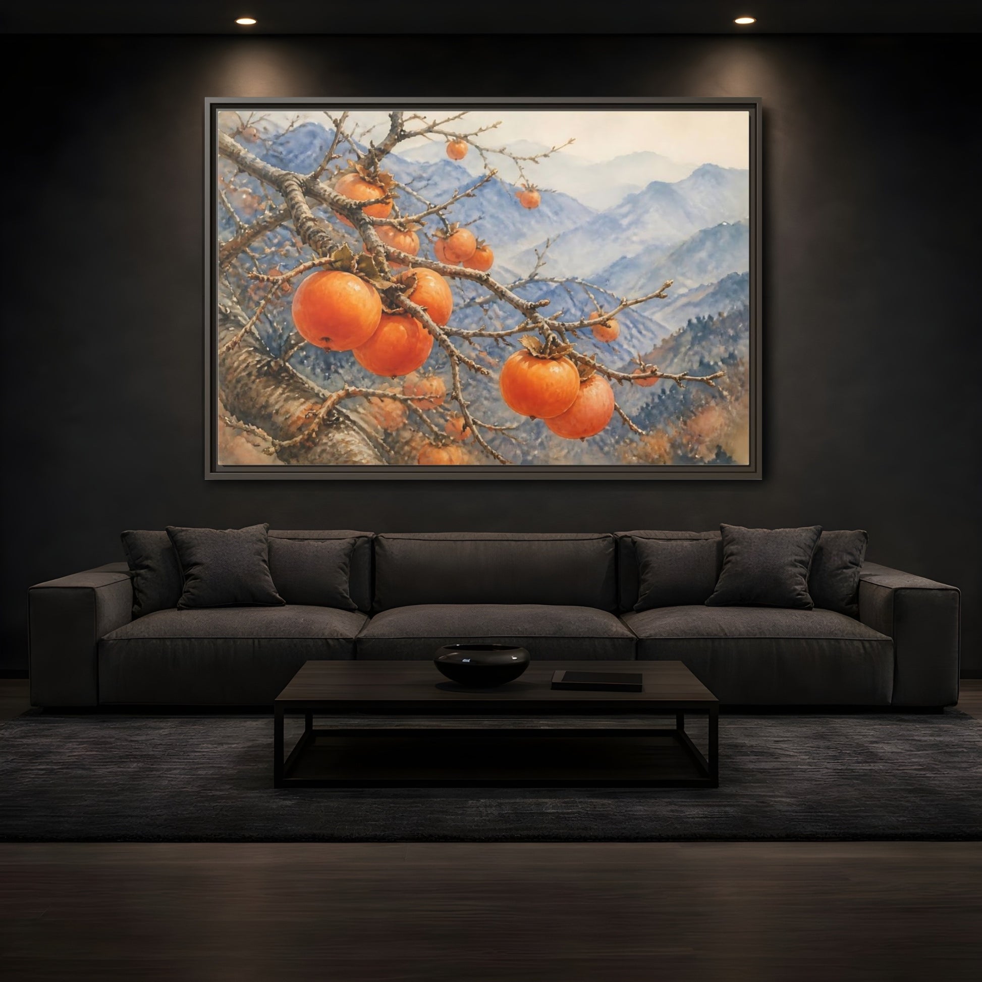 Mockup 3. Autumn Persimmon Branch shown as framed canvas print
