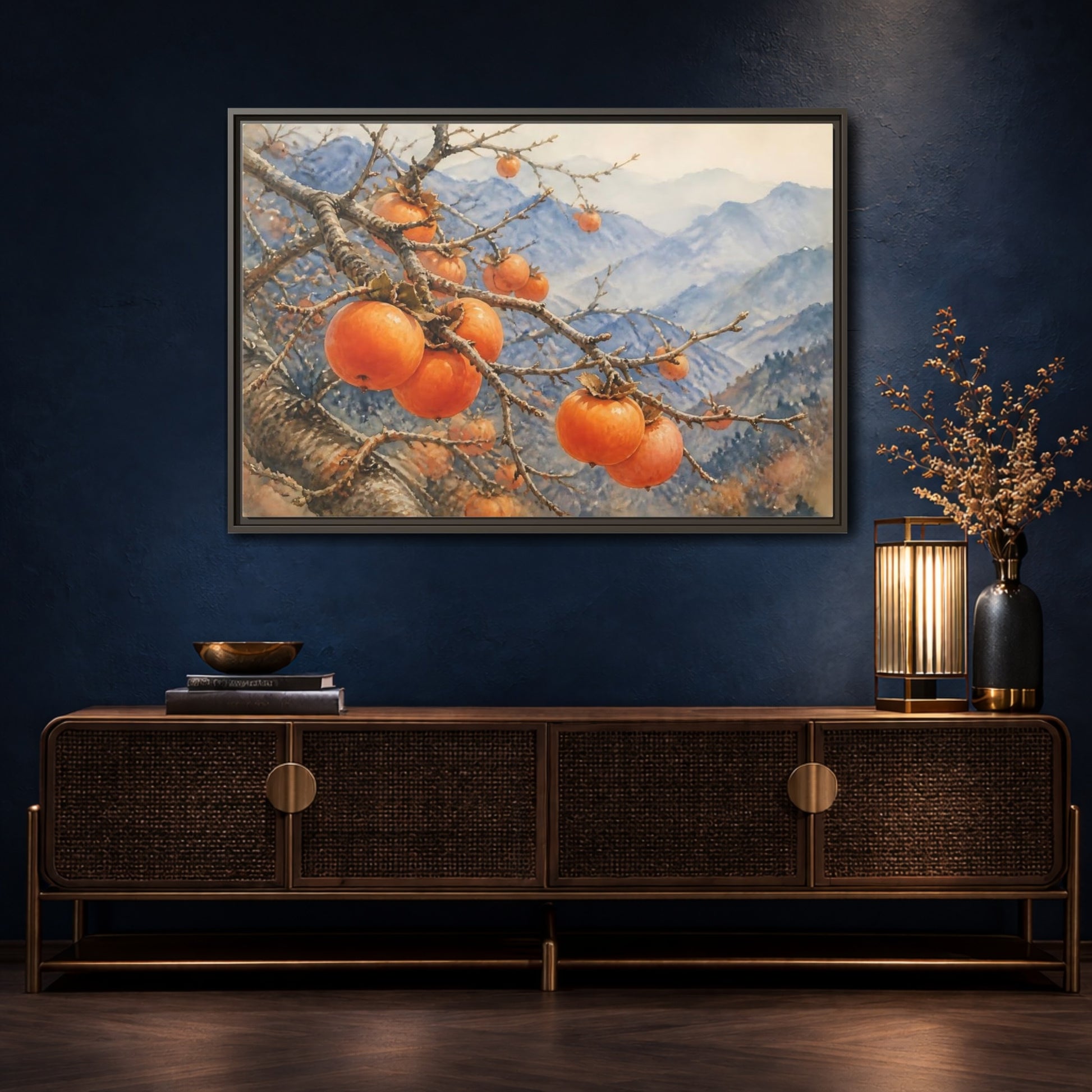 Mockup 4. Autumn Persimmon Branch shown as framed canvas print