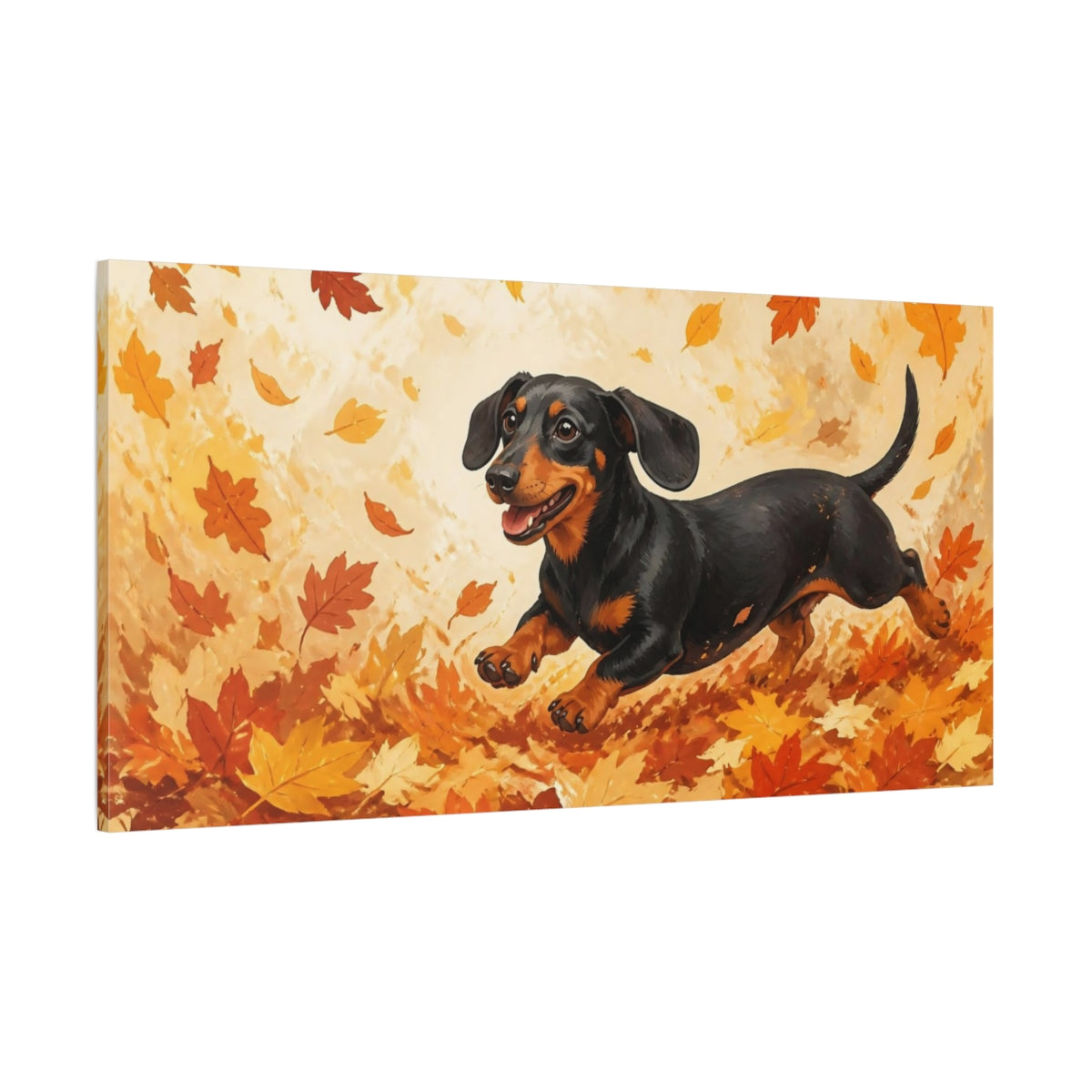 Side Mockup 2. Autumn Pet Dachshund shown as canvas print