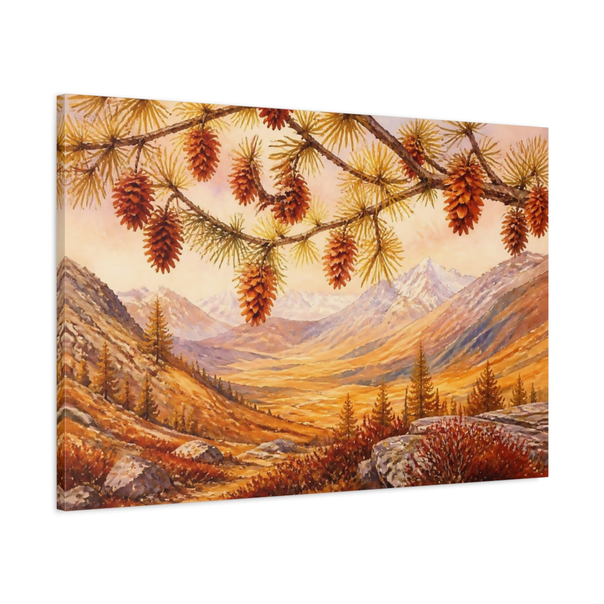 Main Mockup. Autumn Pine Cones Over Valley shown as canvas print