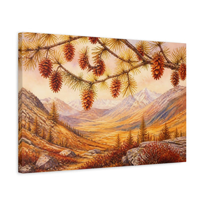 Side Mockup 3. Autumn Pine Cones Over Valley shown as canvas print