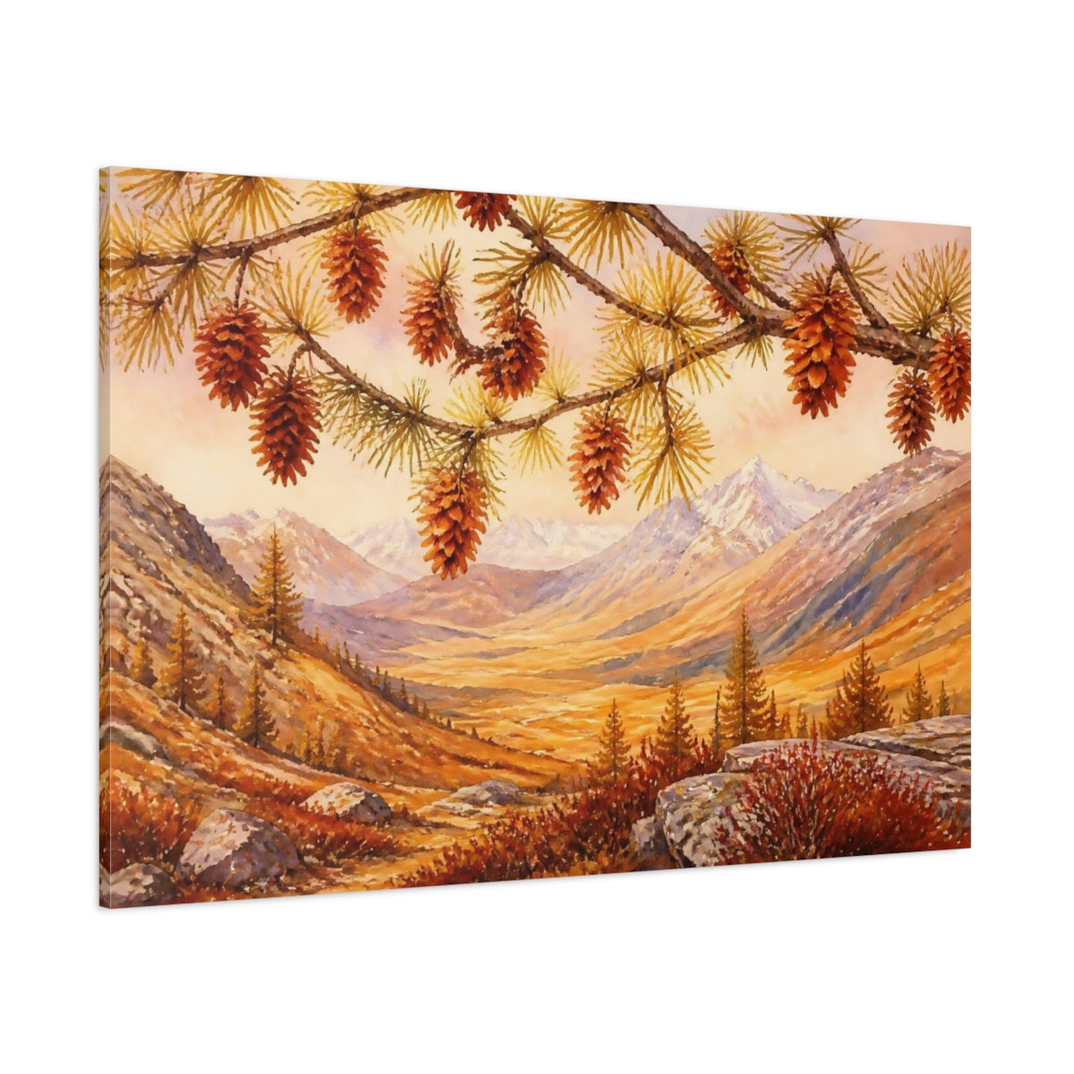 Side Mockup 1. Autumn Pine Cones Over Valley shown as canvas print