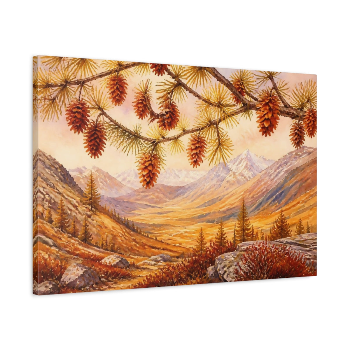 Side Mockup 2. Autumn Pine Cones Over Valley shown as canvas print