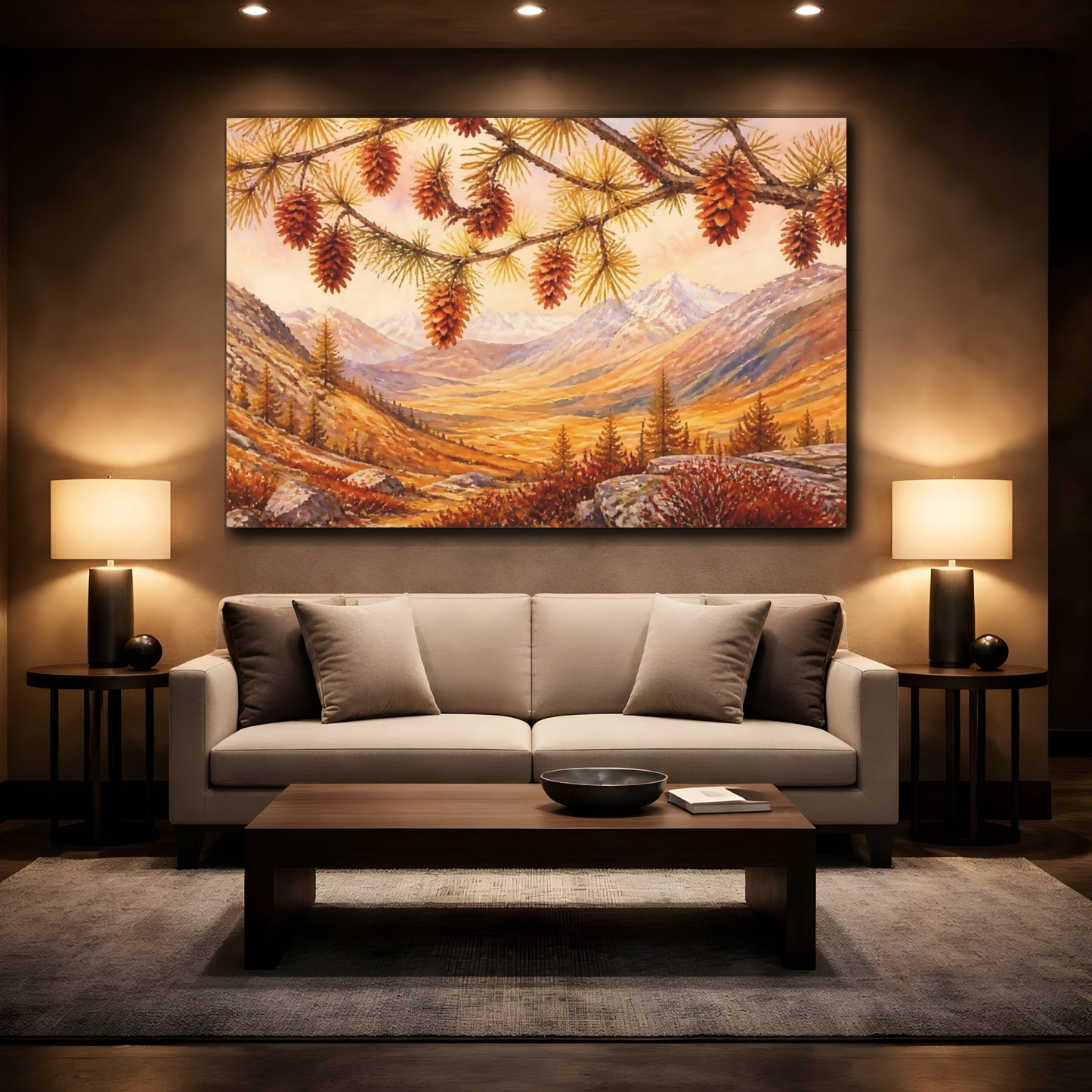 Mockup 2. Autumn Pine Cones Over Valley shown as canvas print