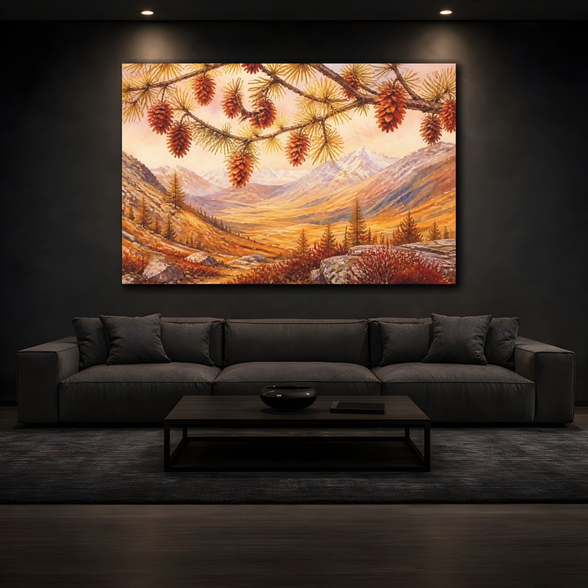 Mockup 3. Autumn Pine Cones Over Valley shown as canvas print