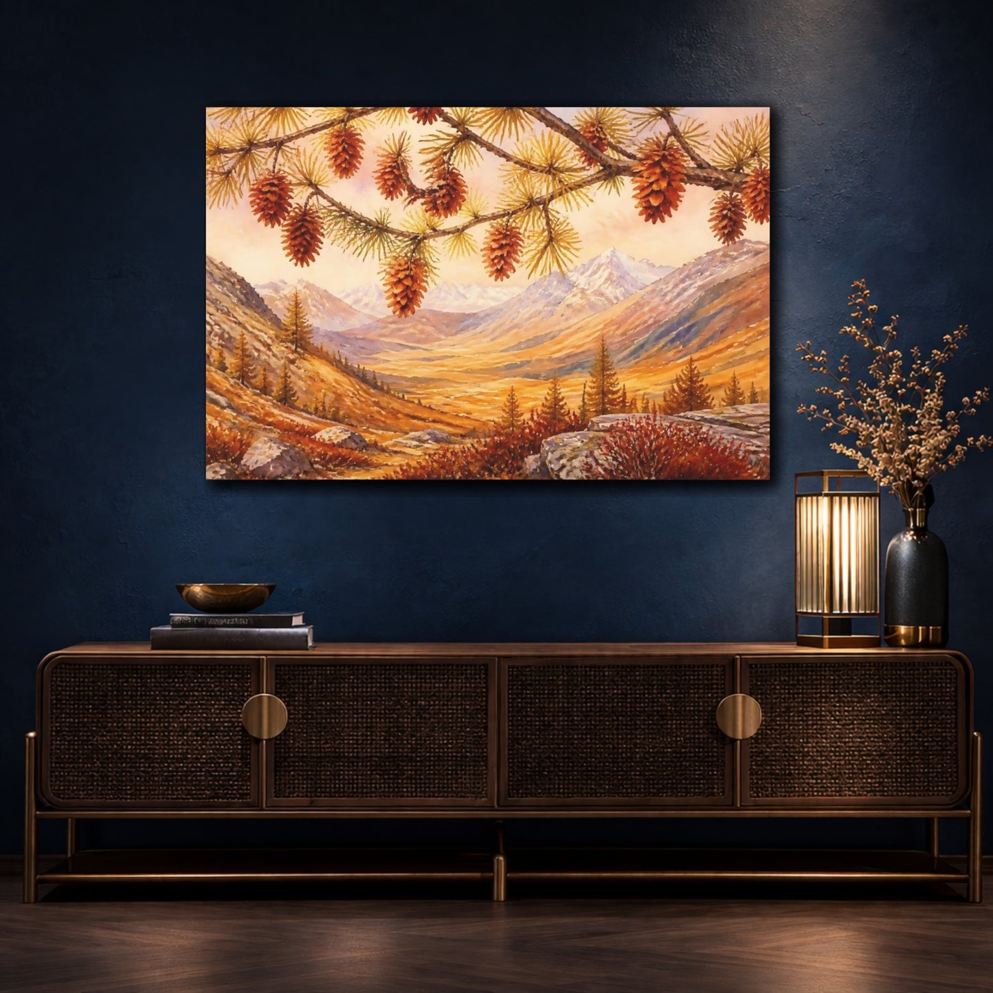 Mockup 4. Autumn Pine Cones Over Valley shown as canvas print