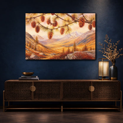 Mockup 4. Autumn Pine Cones Over Valley shown as canvas print