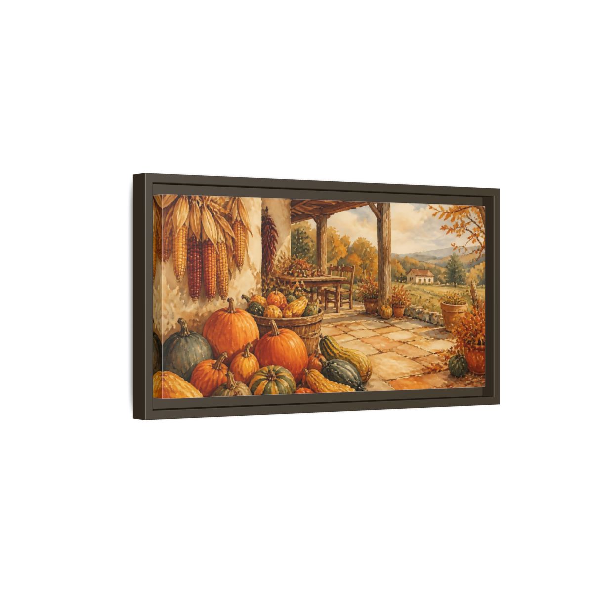 Side Mockup 7. Autumn Porch Harvest shown as framed canvas print