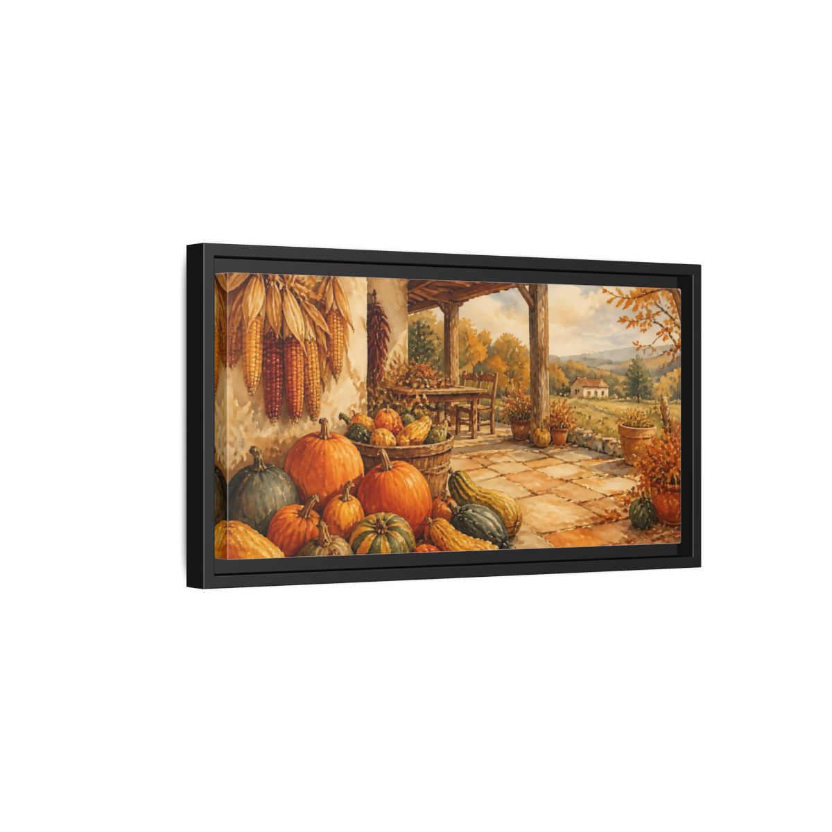 Side Mockup 8. Autumn Porch Harvest shown as framed canvas print